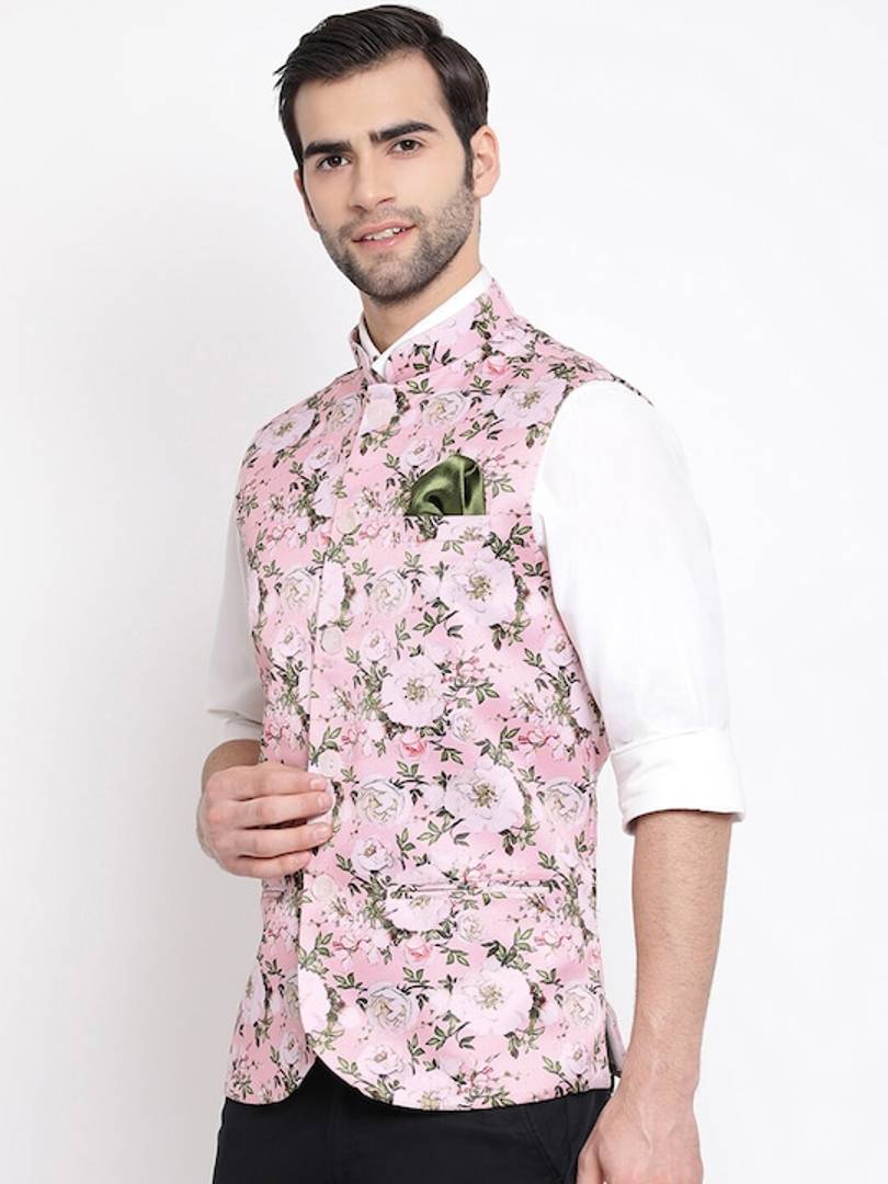 Men's Pink 
Silk Blend
 Printed Nehru Jackets